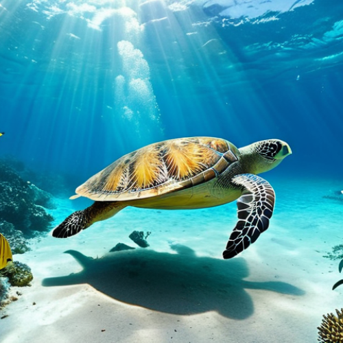 Home 9 **Prompt 1:** A vibrant, hyperrealistic underwater scene in the turquoise waters of Trinidad and Tobago. Focus on a thriving coral reef exploding with bioluminescent colors and intricate shapes like brain corals and swaying sea fans. Schools of brilliantly colored tropical fish, such as butterflyfish and angelfish, dance synchronously through the coral, illuminated by shafts of sunlight piercing the water from above. A majestic sea turtle gracefully glides past, or a large, elegant ray drifts over the sandy seabed. A lone snorkeler or free diver, seen from behind, is fully immersed and gazing in awe, conveying a sense of weightlessness and wonder in this silent, living underwater city. Style: Underwater photography, vivid, awe-inspiring.