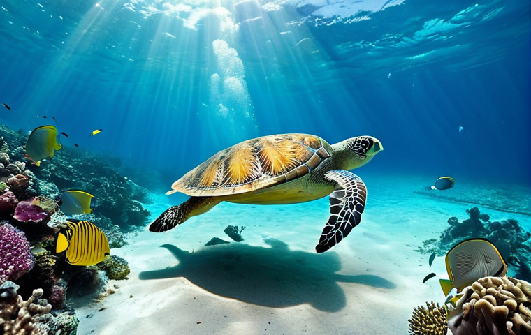 **Prompt 1:** A vibrant, hyperrealistic underwater scene in the turquoise waters of Trinidad and Tobago. Focus on a thriving coral reef exploding with bioluminescent colors and intricate shapes like brain corals and swaying sea fans. Schools of brilliantly colored tropical fish, such as butterflyfish and angelfish, dance synchronously through the coral, illuminated by shafts of sunlight piercing the water from above. A majestic sea turtle gracefully glides past, or a large, elegant ray drifts over the sandy seabed. A lone snorkeler or free diver, seen from behind, is fully immersed and gazing in awe, conveying a sense of weightlessness and wonder in this silent, living underwater city. Style: Underwater photography, vivid, awe-inspiring.